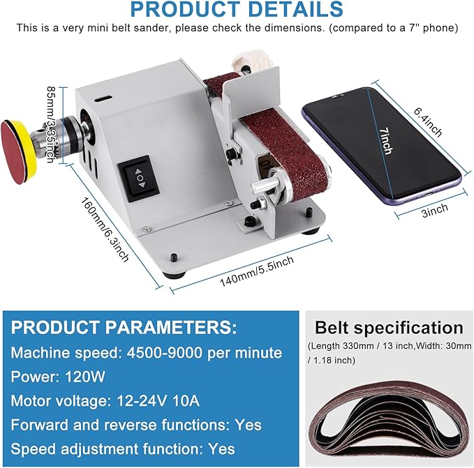 Mini Electric Belt Sander 1.18 x 13 inch Adjustable Angle Small Sanding Belt Machine 120W for Household Knife Sharpening, DIY Wood Crafts Metal Stone Plastic Grinding and Polishing
