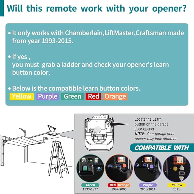 Garage Door Opener Remote,for LiftMaster Chamberlain Opener,Openers with Purple Yellow Green Orange Red Learn Button,893MAX 953EV/EVC,Keychain