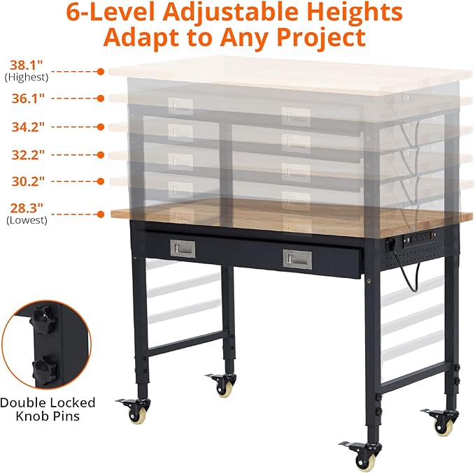 48" Workbench Heavy Duty, Adjustable Height Workstation with Drawer Storage, Backplate, 2000 LB Load Capacity, Multipurpose Rubber Wood Shop Table with Power Outlets, Hooks, Garage Storage