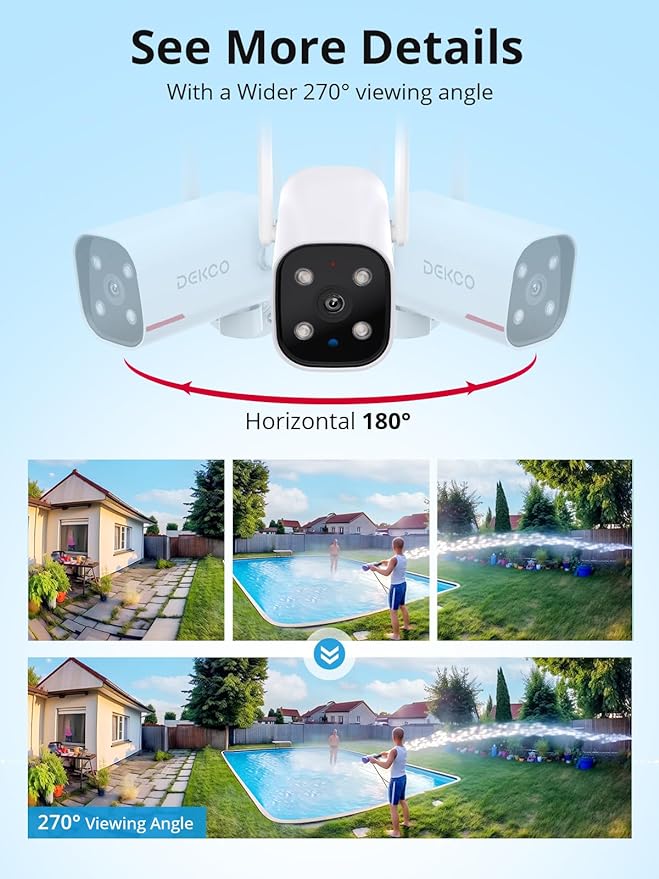 DEKCO 4 Pack Wired Home Camera Outdoor with 2K Color Night Vision, Pan Rotating 180° Security Cameras Support 24/7 Recording, 2.4&5G WiFi, AI Human Auto Tracking, Work with Alexa/Google Assistant