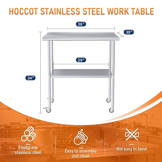 Stainless Steel Prep & Work Table with Adjustable Shelf, with Backsplash and Wheels, Kitchen Island, Commercial Workstations, Utility Table in Kitchen Garage Laundry Room Outdoor BBQ, 30" X 36"