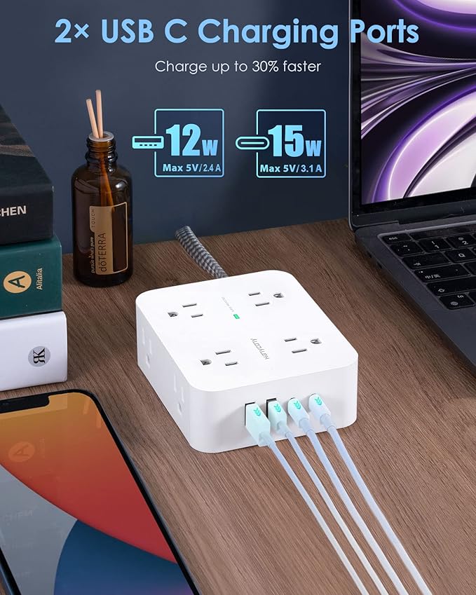 6Ft Surge Protector Power Strip with USB C, Extension Cord with 8 Wide Outlets(2.2 IN) and 4 USB Ports(2 USB C), Flat Plug, Wall Mount, 3 Side Outlet Extender for Home Dorm Room Essentials, ETL Listed