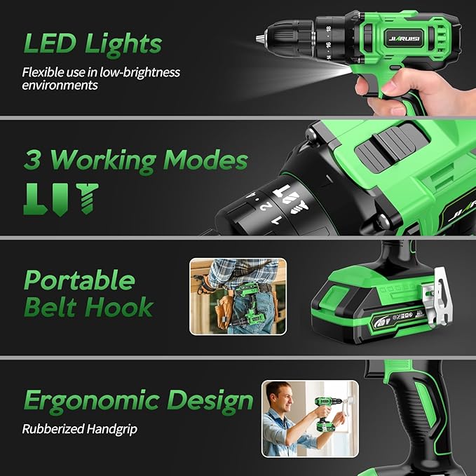 Power Drill Cordless, 20V Cordless Drill, Electric Power Drill Set with 1 Battery & Charger, 3/8” Keyless Chuck, 2 Variable Speed, 18+3 Torque and 72pcs Drill/Driver Bits, Green