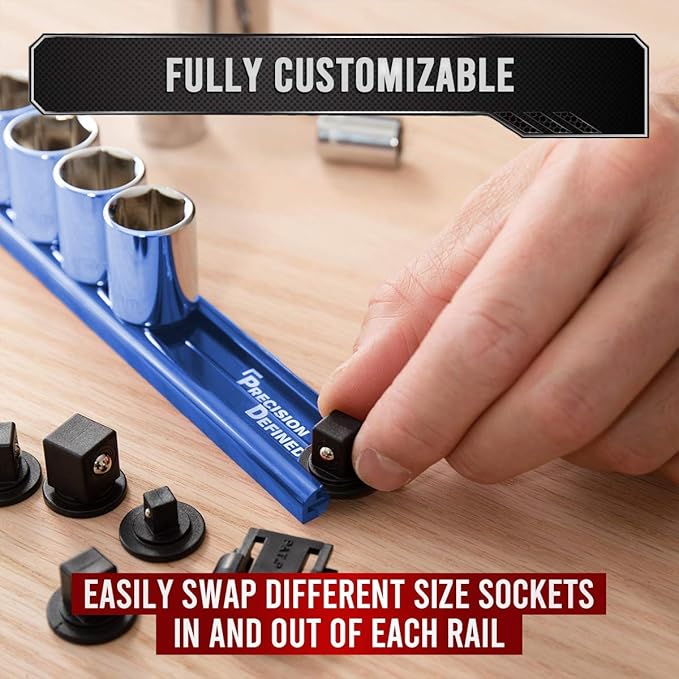 Precision Defined Aluminum Tool Socket Holder | Blue, Single 3/8-Inch Socket Organizer x 16 Clips | Heavy Duty Socket Rails Organizer, Socket Storage, Socket Tray 360 Rotation
