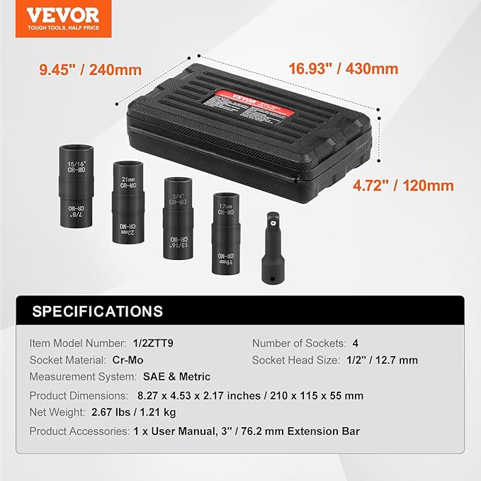 VEVOR Lug Nut Impact Socket Set - 4 Lug Nut Sizes 1/2 inch Drive Metric and SAE 6-Point Flip Socket CR-MO Steel Wheel Socket Set with Storage Case and Extension Bar for Auto Repair
