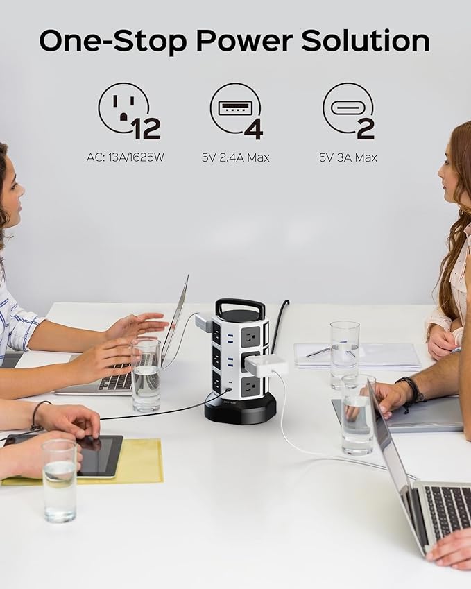 Power Strip Tower Surge Protector, JACKYLED 12 Outlets 6 USB (2 USB C) Charging Station, Extension Cord with Multiple Outlets, 1050J 1625W/13A Outlet Extender 6.5ft Extension Cord for Home Office