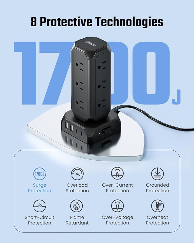 Black Power Strip Tower, SUPERDANNY 12 Outlets with 35W USB(2 USB-A & 2 USB-C) Charging Station, 1625W/13A, 1700J Surge Protector, 6.5ft Flat Plug Extension Cord with Multiple Outlets for Home, Office