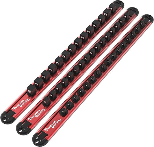 Precision Defined Aluminum Tool Socket Holder 3-Piece Set | Red, 1/4-Inch x 16 Clips, 3/8-Inch x 16 Clips, 1/2-Inch x 14 Clips | 360 Rotation - Heavy Duty Socket Rails Organizer, Socket Storage