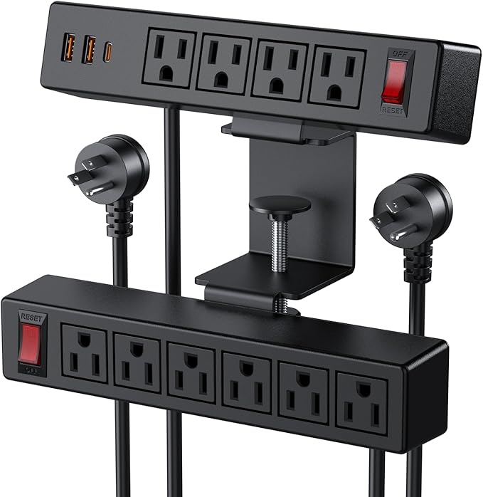 Desk Clamp Power Strip with PD20W USB-C, VILONG 2 in 1 Dual Layer Under Desk Power Strip, Removable Clamp Power Socket with 10AC Outlets & Switch, 6ft Extension Cord
