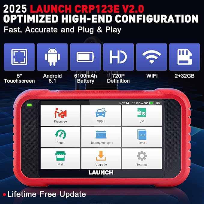 LAUNCH CRP123E V2.0 OBD2 Diagnostic Scan Tool, Engine ABS SRS Transmission Car Scanner Code Reader, Oil/EPB/DPF/SAS/BAS/BMS Reset Throttle Relearn, Lifetime Fr-ee Update, (Upgraded CRP123)