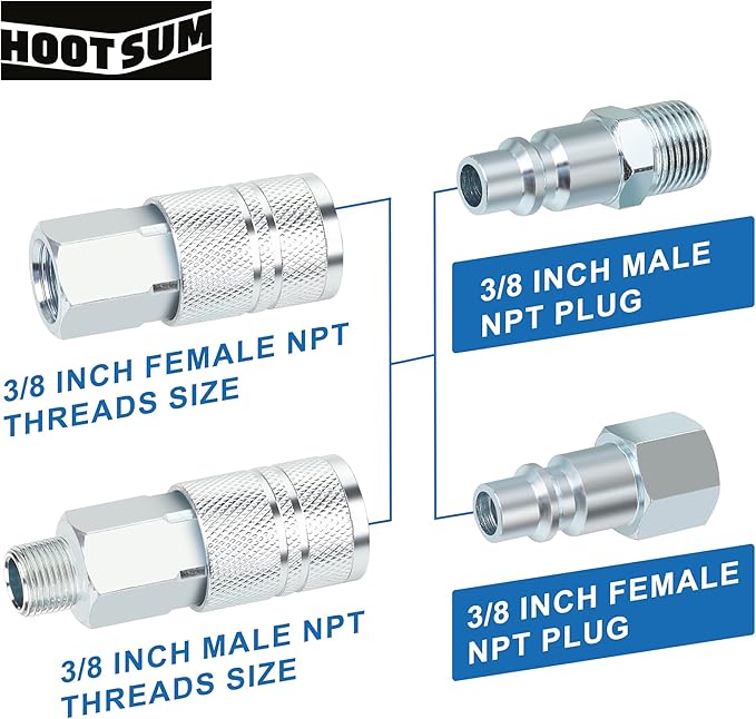 3/8’’ High Flow Air Hose Fittings Set, 3PCS 3/8 Body I/M Industrial Air Coupler and 8PCS 3/8 Body Air Plug with 1/4 Inch NPT Threads Size, 12PCS Air Compressor Accessories Quick Connect Set