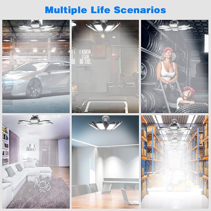 Garage Light - 40000LM Super Bright 6500K Garage Lights Ceiling Led w/ 8 Deformable Panels Compatible for E26/E27 Garage Light Socket Applicable for Garage Barn Warehouse Attic - 2Pack