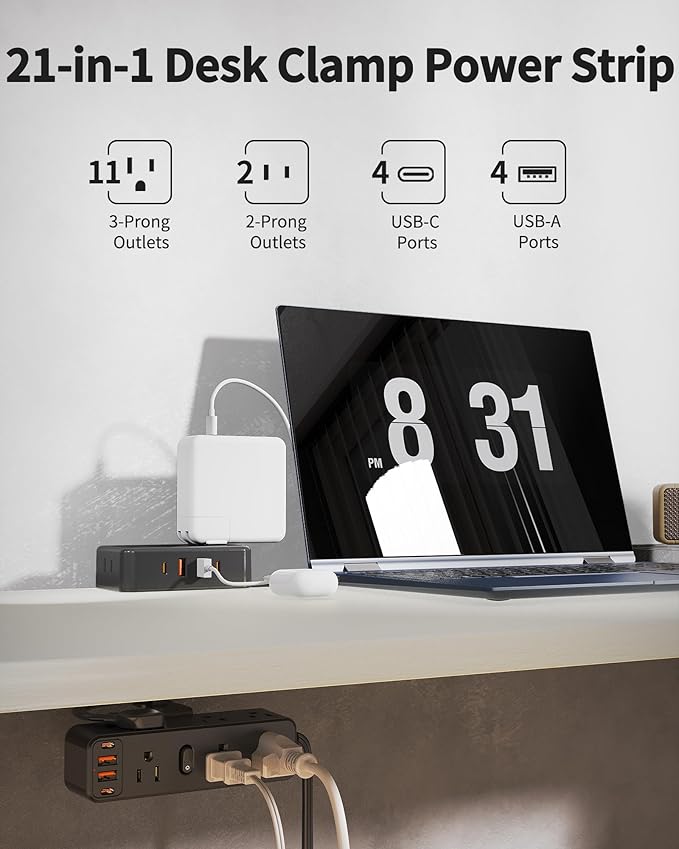 Dual Layer Desk Clamp Power Strip with 13 AC Outlets 8 USB (4 USB C), Fit 2.75" Tabletop, Desktop Edge Mount Surge Protector (1700J), 10 Ft Extension Cord for Office Home, Black
