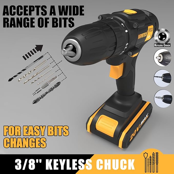 20V Cordless Drill, Power Drill Set with 2 Batteries and Charger,3/8-Inch Chuck Electric Drill Kit with 24-Torque Setting, Drill Driver Bits and Tool Bag Included…