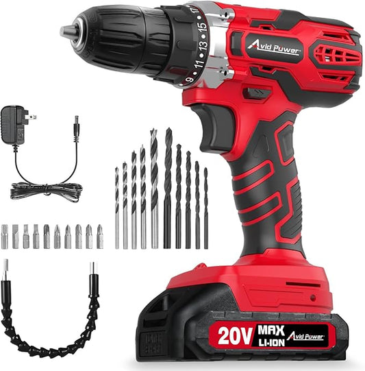 AVID POWER 20V MAX Power Drill Kit, Cordless Drill Set with Battery and Charger, 2 Variable Speed, 3/8-Inch Keyless Chuck, 19 Position and 22pcs Drill Bits