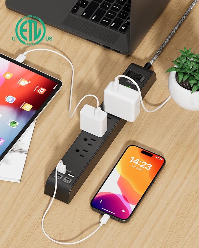 2 Pack Surge Protector Power Strip with 6 Outlets 2 USB Ports 5-Foot Long Heavy-Duty Braided Extension Cords Flat Plug 900 Joules 15A Circuit Breaker Wall Mount for Home Office ETL Listed