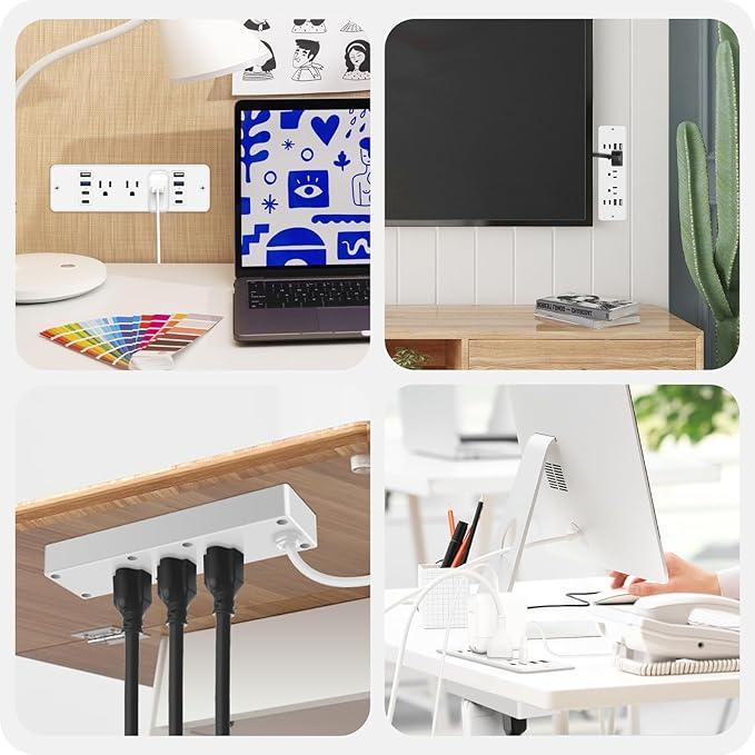 HHSOET 14 in 1 Fast Charging Recessed Power Strip, 20W Furniture Power Outlet USB C, Flush Mount Surge Protection with 6 AC Plugs, 4 USB-A and 4 USB-C, 6ft Power Cord. (White)