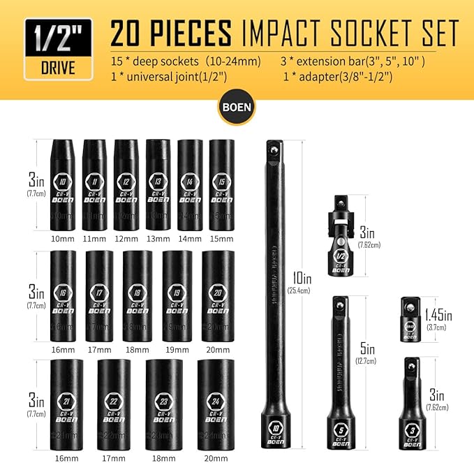 BOEN 1/2" Drive Metric Deep Impact Socket Set, 20 Piece Cr-V Steel Metric Socket Set 10mm-24mm, Includes Extension Bars, Universal Joint and Adapter, 6 Point Design, Meets ANSI Standards