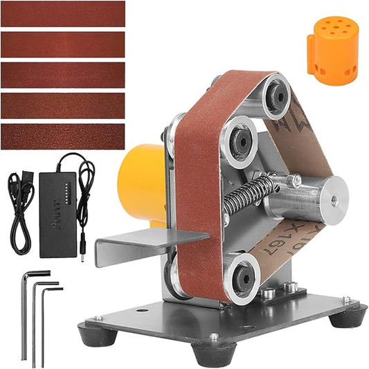 Mini Belt Sander-Electric Polishing Grinding Belt Machine 13 x 1.2inch Micro Knife Sharpener DIY Bench Sanding Machine with 10 Belts for Knife Making, Metal, Wood, Acrylic