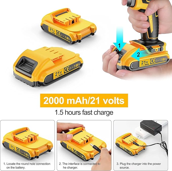 JayLene 21V Cordless Drill Set, Power Drill 59Pcs with 3/8 Inch Keyless Chuck, 25 3 Clutch Electric Drill with Work Light, Max torque 45Nm, 2-Variable Speed & 2 Batteries and Fast Charger