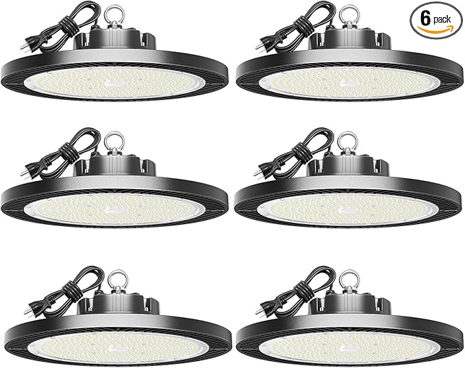 6 Pack 200W High Bay Led Shop Lights - 5000K UFO Led High Bay Light with Plug 5' Cable and Hook Ring, Shop Light UFO Barn Lights Led High Bay Lights for Garage Gym Warehouse Workshop