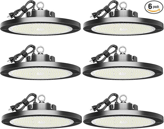 6 Pack 200W High Bay Led Shop Lights - 5000K UFO Led High Bay Light with Plug 5' Cable and Hook Ring, Shop Light UFO Barn Lights Led High Bay Lights for Garage Gym Warehouse Workshop