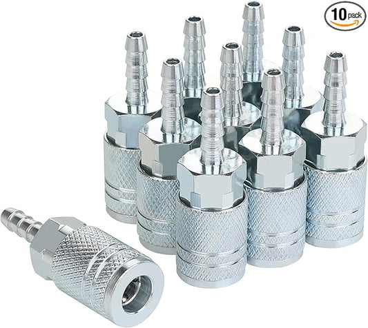 1/4 Air Coupler with 1/4 Inch Hose Barb, Industrial M-Type Fittings, 1/4 Inch Flow Size, 1/4 Inch Hose Barb, Steel Material, 300PSI, 10 Pieces Air Compressor Hose Fittings