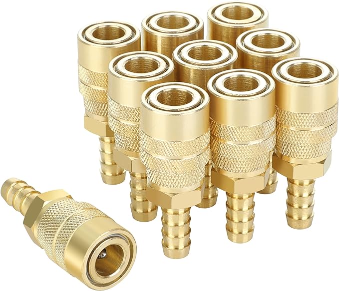 Air Coupler with 3/8 Hose Barb, Industrial M-Type, 1/4 Inch Body Size, Brass Material, 10 Pieces Air Compressor Hose Fittings