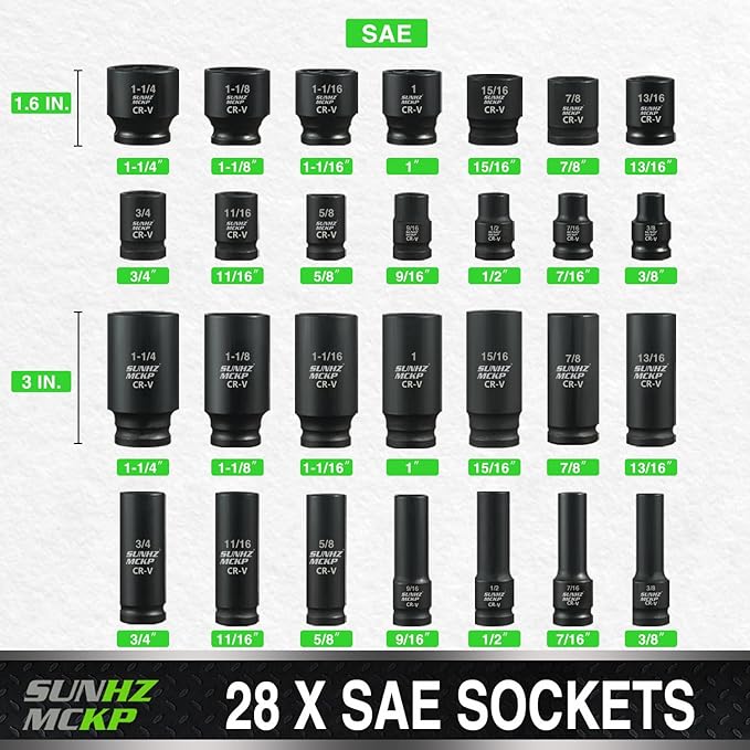 SUNHZMCKP 1/2" Drive Impact Socket Set, 66 Piece Standard SAE (3/8"-1-1/4") & Metric (8-24mm), 6 Point Shallow/Deep Socket Kit with Ratchet Handle, Drive Extension Bar, Impact Universal Joint, Cr-V