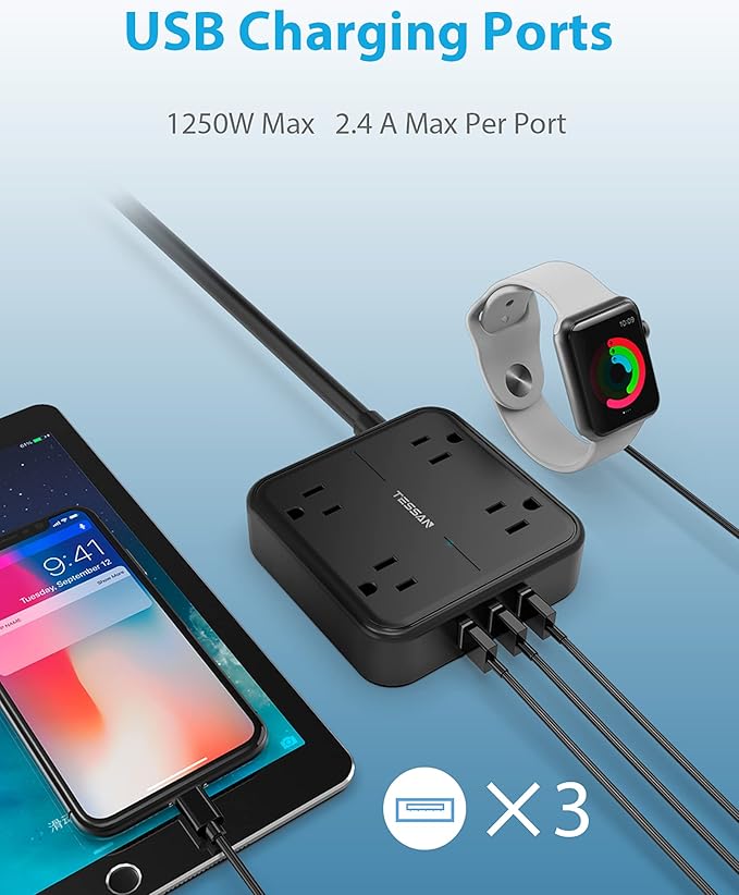 Extension Cord 15 FT, TESSAN Flat Plug Power Strip with Long Cord, 4 Widely Spaced Outlets and 3 USB Ports, Mountable Charging Station for Indoor, Home, Office, School Dorm Room Essentials, Black