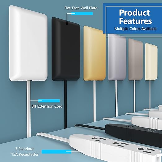 LIDER Flat-Face Outlet Extender with 3 Receptacles, Ultra-Thin Wall Plate Plug with Cord Extender and 3-Outlet Power Strip, 8ft Cord, LWE8-315-NK, Nickel