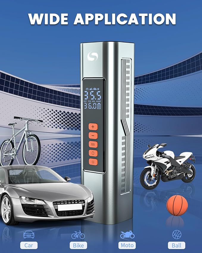 Tire Inflator Portable Air Compressor, Electric Ball Pump with Digital Pressure Gauge, LED Light, Ball Accessories Essential for Men, 150PSI Cordless Tire Inflator for Basketball, Soccer