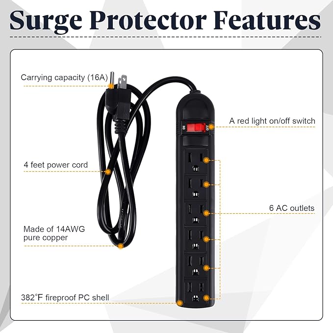 Hoteam 10 Pcs Power Strip Bulk 6 Outlet Surge Protector Power Cord Electrical Extension Cord with Switch Low Profile Plug Flat for Home Office(4 ft,Black)