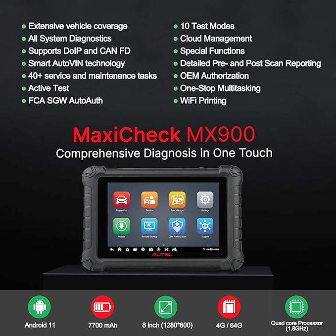 Autel MX900 MK900 OBD2 All System Diagnostic Scanner, Same as MK900BT, Upgraded MK808S MK808BT MX808 MX808S MK808Z, Bi Directional Scan Tool, 40+ Service, DoIP/CAN FD, 3000+ Active Tests, FCA SGW