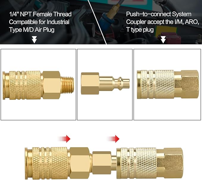 Air Coupler and Plug Kit, 10pcs Air Coupler and Plug Kit, 1/4 Inch NPT Industrial Brass Air Hose Fittings, Quick Connector Air Fittings for Automotive and Home (10pcs 1/4" FNPT Plug)