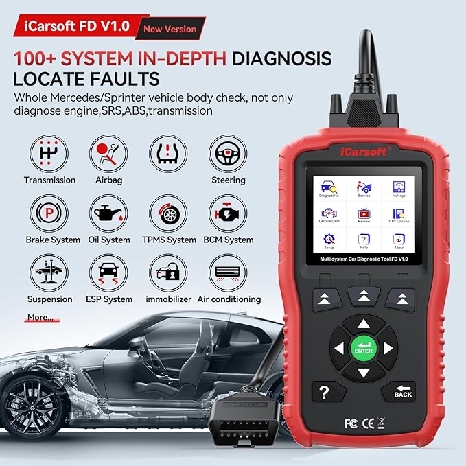 iCarsoft OBD2 Scanner for Ford/Holden, FD V1.0 All System in-Depth Diagnostic Scan Tool, Oil/SAS Reset/Live Data, ABS Airbag Engine Transmission Code Reader OBD2/EOBD/CAN Scan Tool