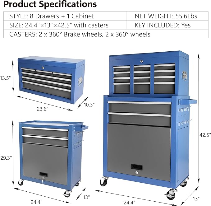 Rolling Tool Chest with Wheels 8 Drawers Assembled Tool Cabinet Combo with Drawers Detachable Organizer Tool Chests Mobile Lockable Tool Box for Workshop Mechanics Garage, Blue+Grey