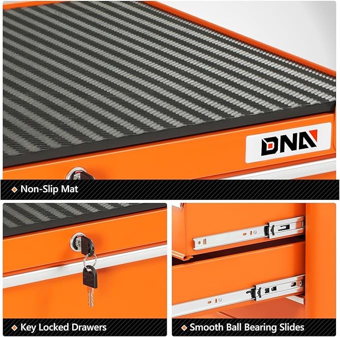 DNA MOTORING 3-Drawers Utility Rolling Tool Chest Cabinet with Wheels, Heavy Duty Industrial Service Cart Keyed Locking System, for Garage Warehouse Workshop, Orange, TOOLS-00400