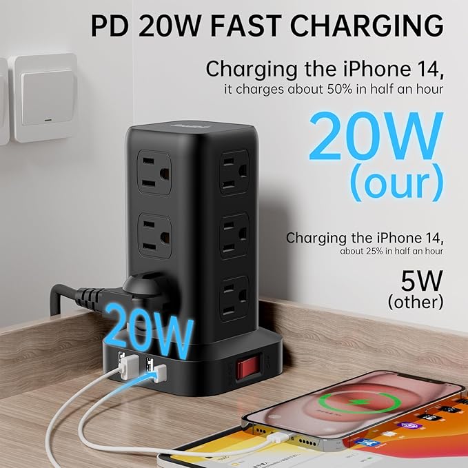PD20W Surge Protector Power Strip Tower, 10FT Extension Cord with Multiple Outlets, 12 AC 4 USB (1 USB C)，Mini Power Strip with USB Ports, Surge Protector Tower Overload Protection for Office, Desk