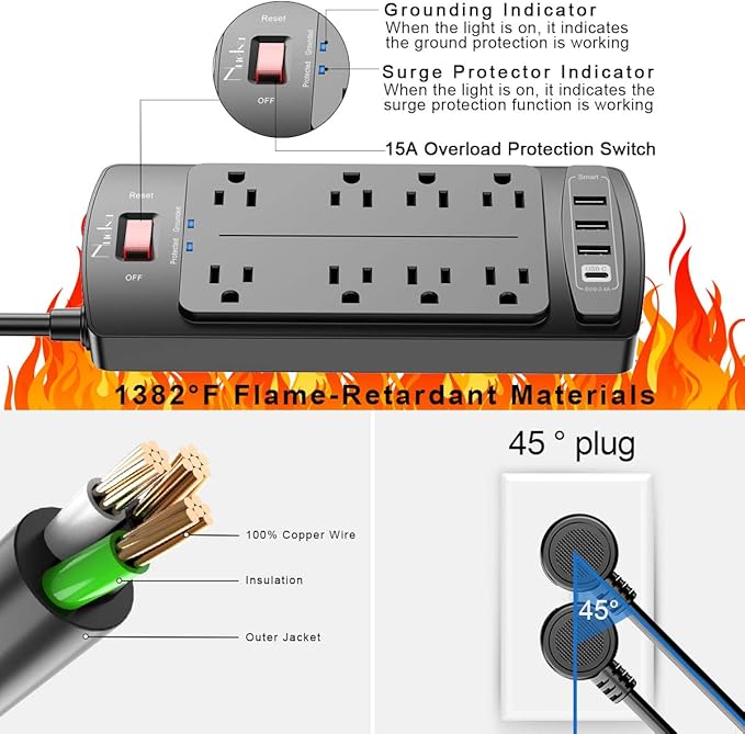 Surge Protector Power Strip - Nuetsa Flat Plug Extension Cord with 8 Outlets and 4 USB Ports, 15 Feet Power Cord (1625W/13A), 2700 Joules, ETL Listed, Black