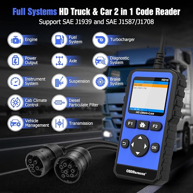 OBDResource Full Systems Heavy Duty Truck Scanner Tool HDOBD/EOBD/OBD2 Automotive Scanner Diagnostic Tool for Truck & Car 2 in 1 Code Reader for Most 12V 24V Diesel Vehicles