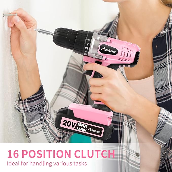 AVID POWER 20V MAX Lithium lon Cordless Drill Set, Power Drill Kit with Battery and Charger, 3/8-Inch Keyless Chuck, Variable Speed, 16 Position and 22pcs Drill Bits (Pink)