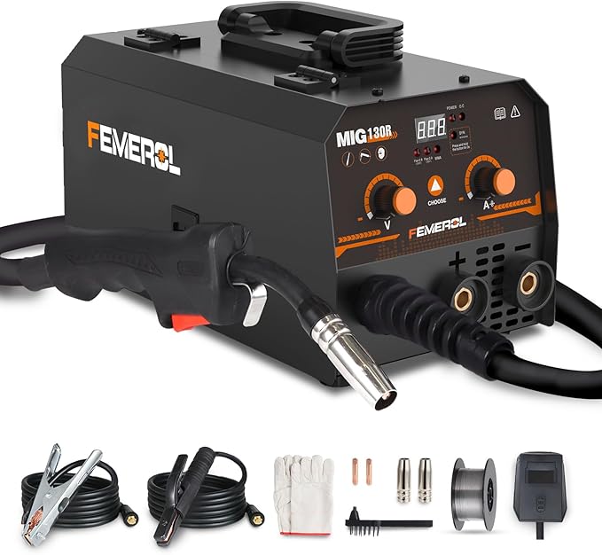 MIG Welder,2 in 1 Flux core/Stick Welder,130Amp 110V Gasless MIG Welding Machine with Synergy IGBT Inverter Welder Portable Wire Feed Welder