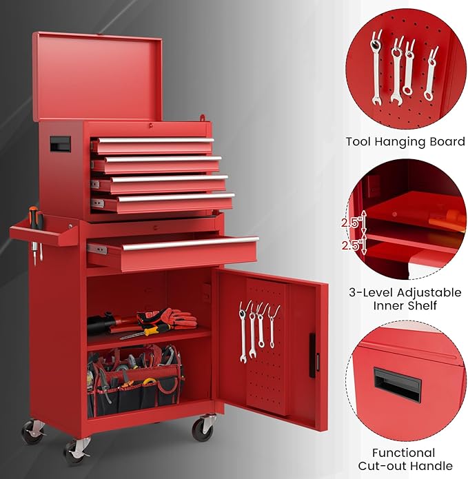 Goplus Rolling Tool Chest, 5-Drawer Tool Box Organizer w/Lockable Wheels & Sliding Drawers & Detachable Top & Adjustable Shelf, Tool Storage Cabinet for Garage Workshop (Red)