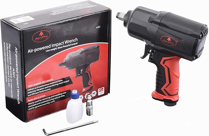 AEROPRO TOOLS 1/2-Inch Composite Air Impact Wrench(A301), Twin Hammer, 1200FT-LBS Max Loosening Torque, 7000RPM, Heavy Duty Pneumatic Impact Gun, for Auto Repair, Tire Shop