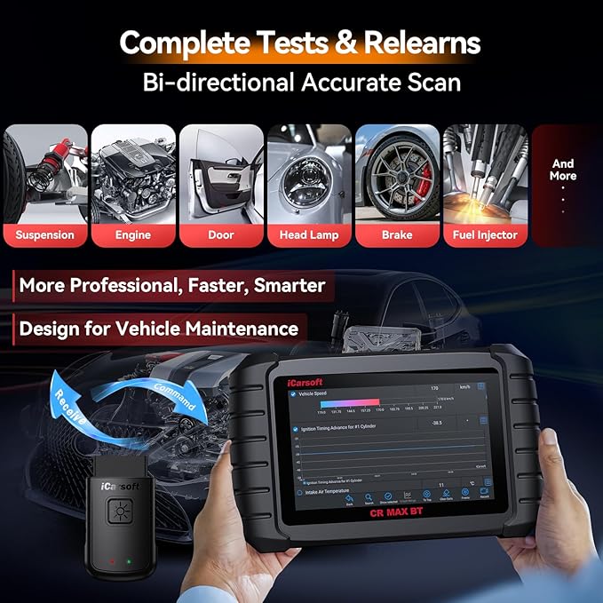 iCarsoft CR Max BT Wireless Bidirectional Scan Tool, 49+ Reset OBD2 Diagnostic Touchscreen Scanner, ECU Adaptation/Teach-in, All System, 4-in-1 Live Graphing, Lifetime Free Update