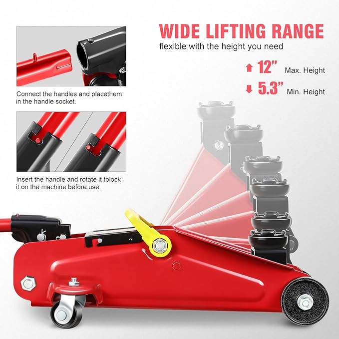 DNA MOTORING Low Profile Hydraulic Trolley Service/Floor Jack, 1.5 Ton (3000 lbs) Capacity, Lifting Range 5.3"-12",Red,TOOLS-00326