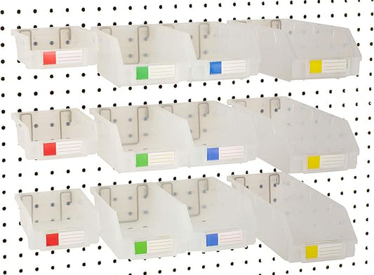 Pegboard Bins - Set of 12, Clear - Hooks to Any Peg Board - Organize Hardware, Accessories, Attachments, Workbench, Garage Storage, Craft Room, Tool Shed, Hobby Supplies, Small Parts…