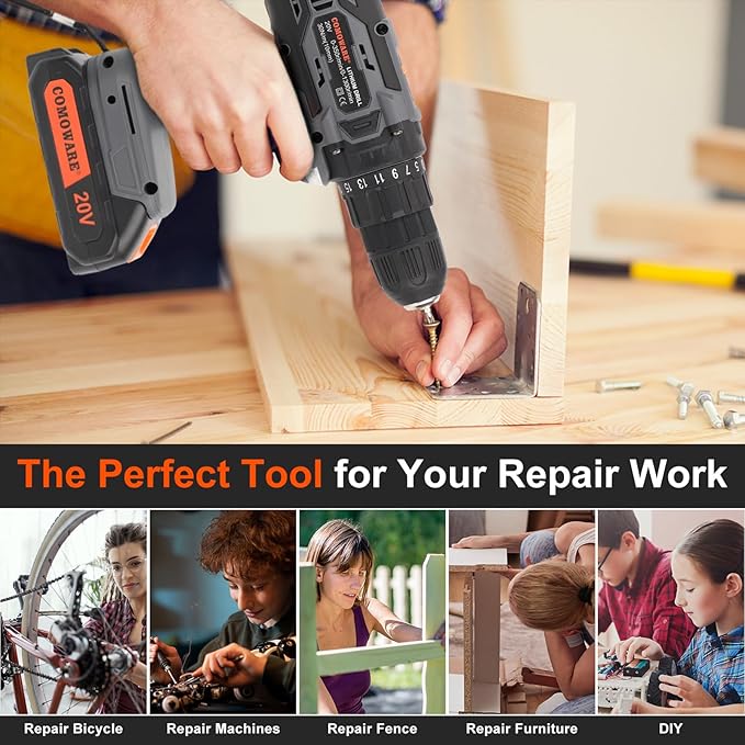 COMOWARE Cordless Drill Set, 20V Electric Power Drill Set,1 Battery & Charger, 3/8" Keyless Chuck, 2 Variable Speed, 266 In-lb Torque, 25+1 Position, Orange