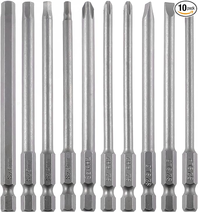 3-in-1 Assorted Long Screwdriver Bit Set Hex Slotted Phillips 10PCS 1/4 Inch Hex Shank 4 Inch/100 mm S2 Steel with Magnetic for Power Screwdriver Drill Impact Driver